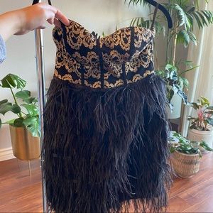 Arc & Co Gold Lace & Black Feather Mini Dress Sz M